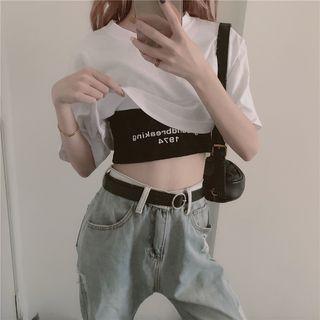 Lettering Cropped Tank Top / Elbow-sleeve T-shirt