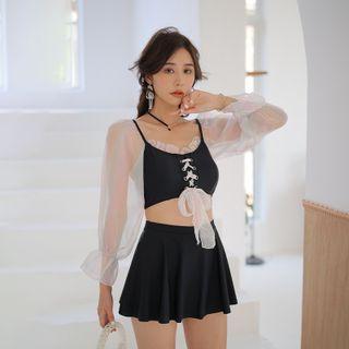 Set: Long-sleeve Panel Swim Top + Bottom + Skirt