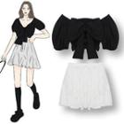 Puff-sleeve Bow Cropped Top / Mini A-line Godet Skirt