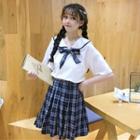 Mock Two-piece Sailor Collar Short-sleeve Pleated Mini A-line Dress