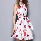 Floral Print Sleeveless A-line Dress With Sash