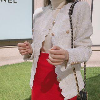 Scallop-edge Metallic-button Tweed Jacket