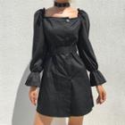 Belted Square-neck Long-sleeve A-line Dress