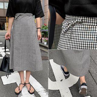 Flared Gingham Long Wrap Skirt