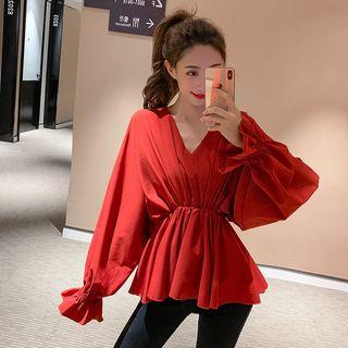 Plain V-neck Ruffled Long-sleeve Blouse