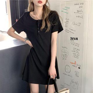 Short-sleeve Striped Henley Mini Dress