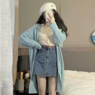 Long-sleeve Button-up Knit Top / Washed Mini Pencil Denim Skirt / Long Cable Knit Cardigan