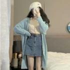 Long-sleeve Button-up Knit Top / Washed Mini Pencil Denim Skirt / Long Cable Knit Cardigan