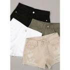Zip-front Distressed Cotton Shorts