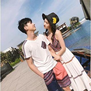 Couple Matching Patterned Short Sleeve T-shirt / Color Panel Shorts / Spaghetti Strap Midi Dress