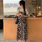 Tie-shoulder Floral Print Midi A-line Dress White Daisy - Black - One Size