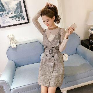 Set: Long-sleeve Knit Top + Buckled Plaid Jumper Dress