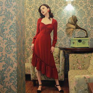 Long-sleeve Ruffle Hem Midi Party Dress