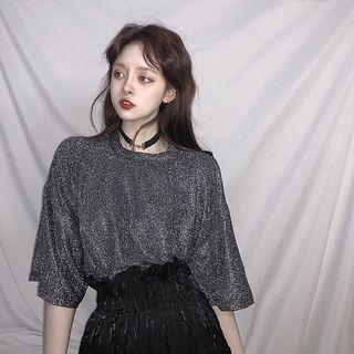 Elbow-sleeve Glitter T-shirt / Mini Skirt