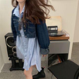 Denim Jacket / Striped Mini Shirt Dress