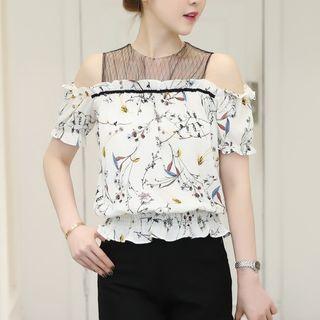 Mesh Panel Cold Shoulder Printed Short-sleeve Top