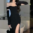 Set: Off-shoulder Slit Knit Sheath Dress + Arm Sleeves Black - One Size