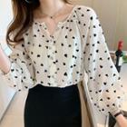 Long-sleeve Heart Printed Blouse Almond - One Size