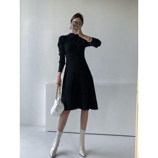 Mock-neck Pleated Wool Blend Knit Dress