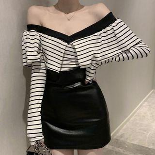 Striped Off-shoulder Long-sleeve T-shirt / High-waist Mini A-line Skirt