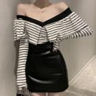 Striped Off-shoulder Long-sleeve T-shirt / High-waist Mini A-line Skirt