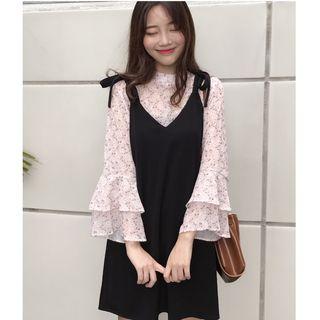 Print Frilled Long-sleeve Top / Sleeveless Dress