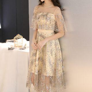 Elbow-sleeve Sequined Cocktail Dress