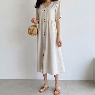 V-neck Button-trim Shirtdress