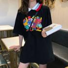 Printed Elbow-sleeve T-shirt Dress Black - One Size