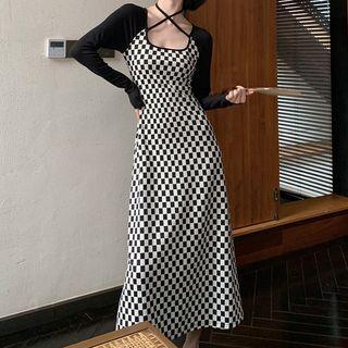 Long-sleeve Tie-neck Checkerboard Maxi Dress