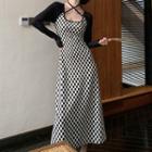 Long-sleeve Tie-neck Checkerboard Maxi Dress