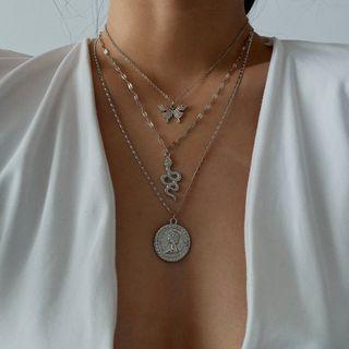 Alloy Embossed Snake Butterfly & Coin Pendant Layered Necklace