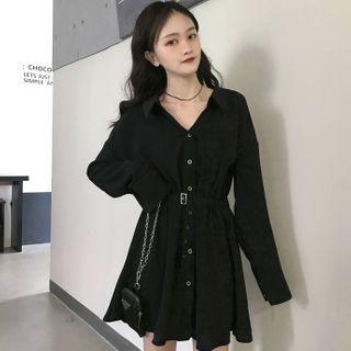 Long-sleeve A-line Mini Shirtdress Black - One Size