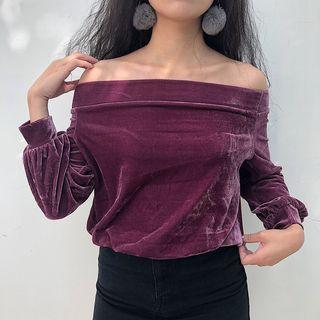 Velvet Off-shoulder Long-sleeve Top