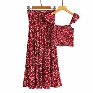 Set: Floral Print Shirred Cropped Camisole Top + Slit Midi A-line Skirt