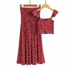 Set: Floral Print Shirred Cropped Camisole Top + Slit Midi A-line Skirt