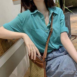 Set: Elbow-sleeve Shirt + Washed Denim Shorts