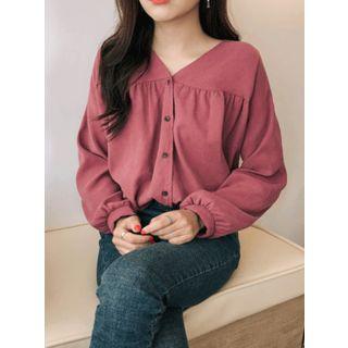 Bishop-sleeve Shirred-trim Blouse