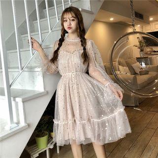 Long-sleeve Frill Collar Star Sequined Mesh Dress