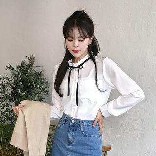 Frilled Tie-neck Pocket-front Shirt