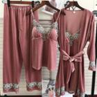Set: Lace Trim Night Dress + Lace Trim Camisole + Pants + Velvet Robe