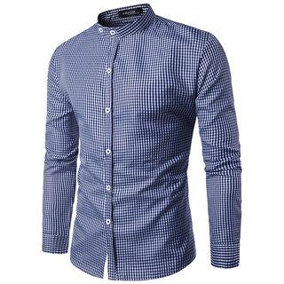 Long-sleeved Open-front Gingham Slim Blouse