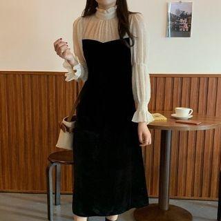 Mock Two-piece Puff-sleeve Midi A-line Dress Black - One Size