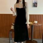 Mock Two-piece Puff-sleeve Midi A-line Dress Black - One Size
