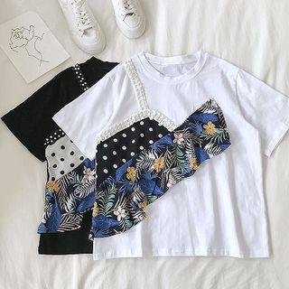 Asymmetric Floral Ruffle-trim Panel Short-sleeve Top