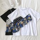 Asymmetric Floral Ruffle-trim Panel Short-sleeve Top