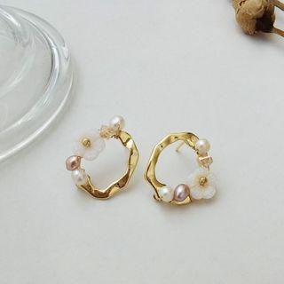 Fresh Water Pearl Flower Hoop Stud Earring 1 Pair - White Faux Pearl - Gold - One Size