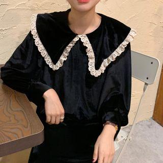 Long-sleeve Midi Shift Velvet Dress Black - One Size