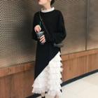 Mock Two-piece Tiered Midi Dress Black & White - One Size
