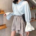 Bell-sleeve Plain Shirt / Plaid A-line Skirt